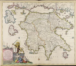 Le Péloponnèse actuel, royaume de Morée, distinctement divisé en toutes ses provinces actuelles et anciennes, auquel sont ajoutées les îles de Céphalonie, Zante, Cérigo et Sainte-Maure